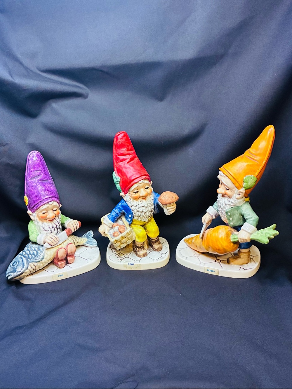 3 Vintage Goebel Co Boy Gnomes- Fips Fish Cleaner, Robby Vegetarian, Porz